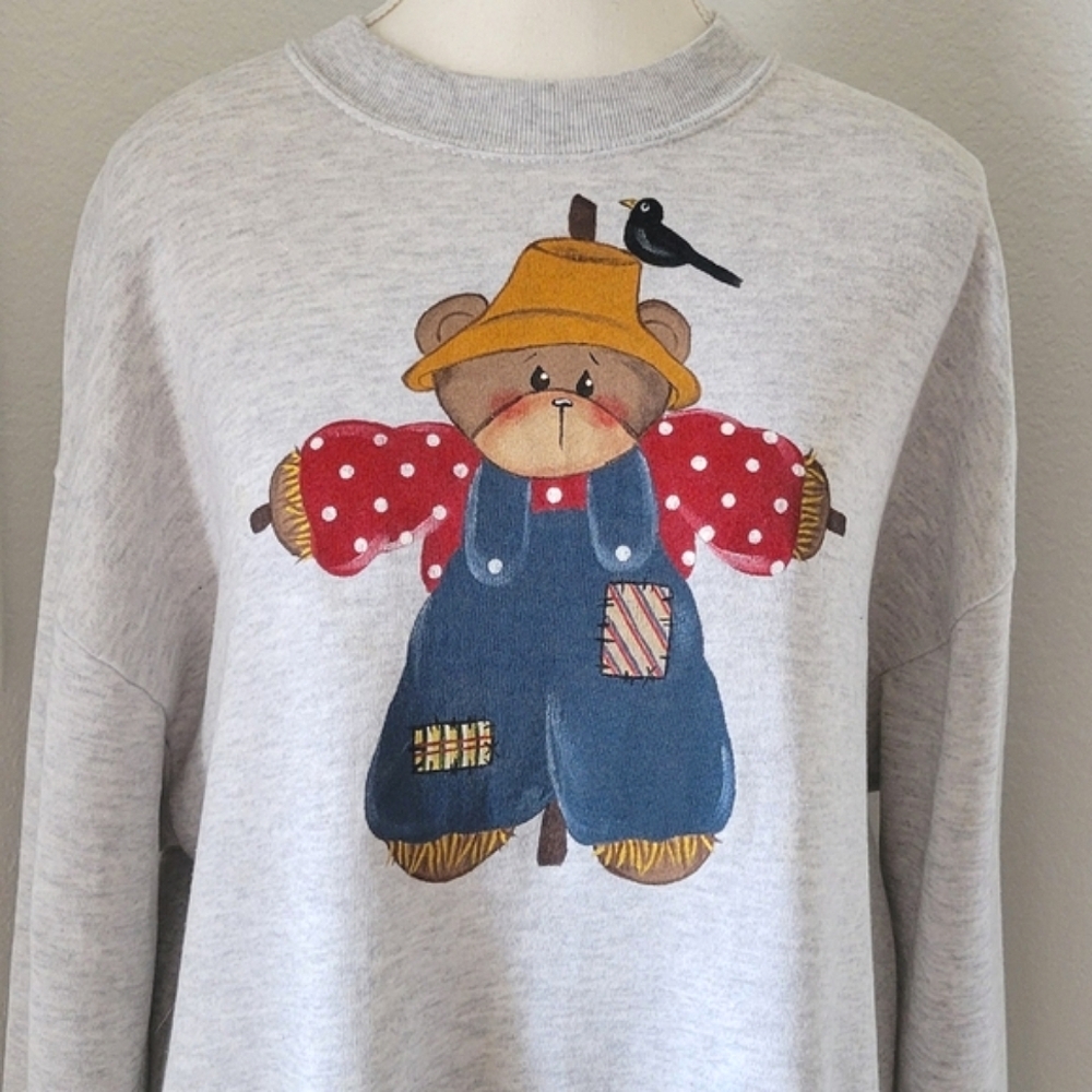 Vintage 90s Jerzees Russel USA Teddy Bear Scarecrow Fall Autumn Sweatshirt Large